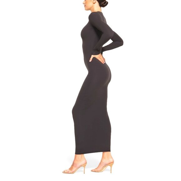 NWT SKIMS Fits Everybody Bodycon Maxi Dress Crewneck Long Sleeve Onyx Black S - Picture 1 of 6